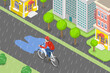 3D Isometric Flat Vector Conceptual Illustration of Cycling In Wet Conditions, Taking an Extra Cautious