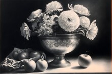 Graphite Drawing Still Life Oranges Vase With Carnations Silver Bowl Black And White 