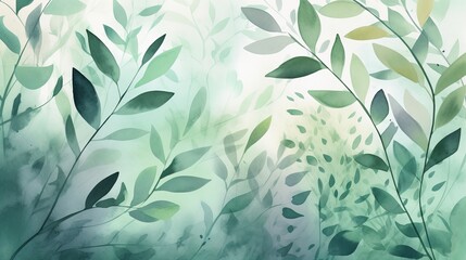 Wall Mural - Natural Watercolor Background with Branches and Leaves. AI Generation