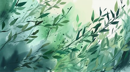 Wall Mural - Natural Watercolor Background with Branches and Leaves. AI Generation