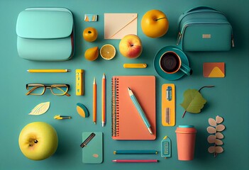 Flat lay of school supplies on an e-learning themed background. Generative AI