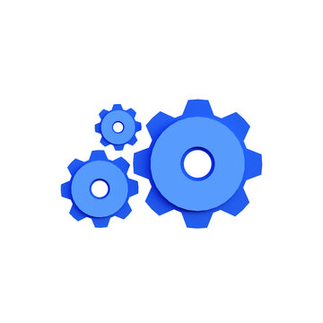 Blue three gear setting icon 3d render isolated front view PNG transparent