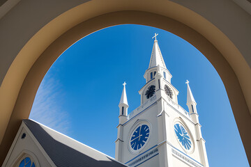 Low Angle View Of Church Against Blue Sky