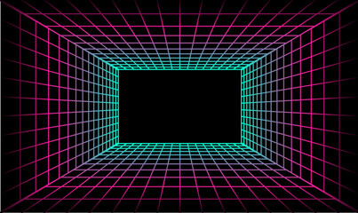 Aufkleber - Abstract perspective rectangles line frame overlay pattern by colorful light line glitch effect isolated on black background. Vector illustration AI technology, digital, communication, science, music
