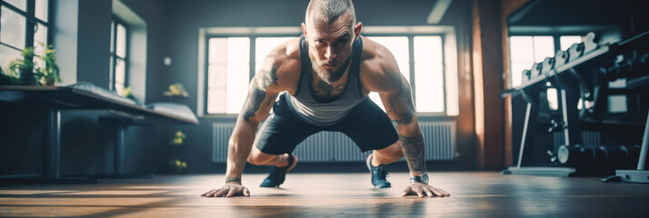 Wall Mural - A man in the gym does push-ups. Going in for sports in the fitness room, a young man of European appearance with tattoos on his arms is exercising, an illustration in green tones. Generative AI.