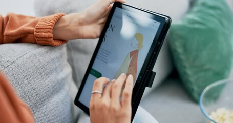 Poster - Woman, hands and tablet on fashion website browsing homepage for design on living room sofa at home. Hand of female searching clothing designs online on technology app display or screen for ecommerce