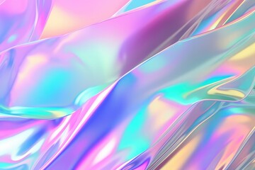 Wall Mural - Holographic foil. Blurred rainbow light refraction texture overlay effect for photo and mock-ups. Liquid holographic background. Smooth silk cloth surface with ripples and folds. Generative ai. 
