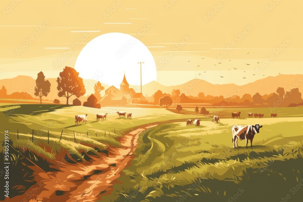 Cows grazing on a farm with sunlight, farm landscape illustration with ...