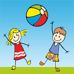 Canvas Print - Two children, girl and boy with beach ball on playground, blue background, sports kids, funny vector illustration