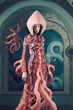 Fashion model wearing pink octopus dress with tentacles. generative AI