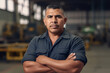 Hispanic man in work force. Hard worker, tough guy with serious face. generative AI