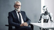 © Haydiddle - Mature man at a job interview wearing a suit. The older person is competing against an artificial intelligence robot for the same work. generative AI