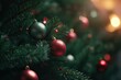 © Kowit - Close up view of beautiful fir branches with shiny colorful bauble or ball, xmas ornaments and lights, christmas holidays background. Generative Ai.