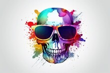 Scull In Sunglasses Realistic With Paint Splatter Abstract  