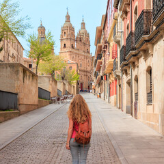 Poster - Salamanca tourism in Spain with tourist walking in street