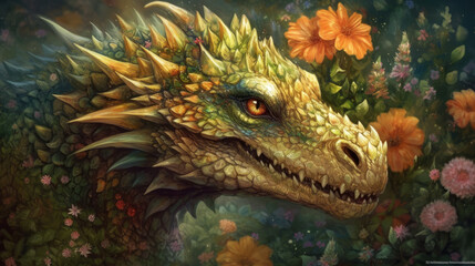 Wall Mural - A dragon with eyes and head on a lot of flowers, generative ai