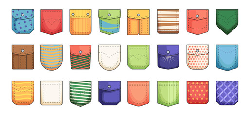 cartoon pockets collection. cargo and patch pockets for clothes, casual uniform textile icons flat s