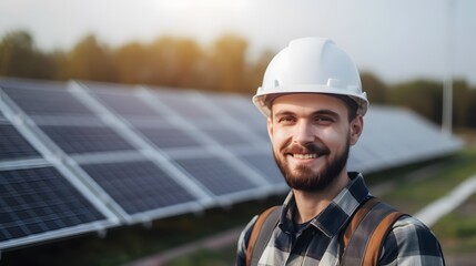 The portrait of a proud young engineer smiles satisfied with his successful work with his arms crossed. Renewable energy, technology, electricity, green power. Generative Ai.
