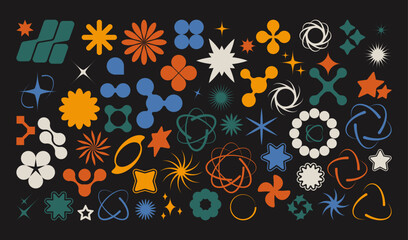 Poster - Colorful y2k shapes. Abstract retro futuristic stars and space objects, modern 90s flaship spaceship boomerang circle moon graphic. Vector geometric set. Different bright shapes, starburst