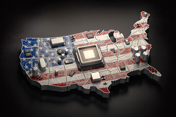 Poster - USA semiconductor industry, computer chips manufacturing  and artificial intelligenceconcept. Motherboard with CPU processor in form of map of United States.