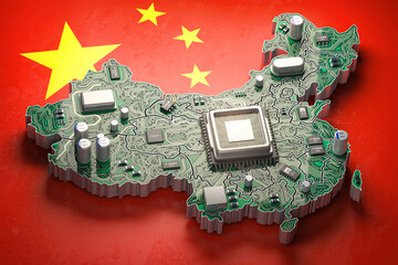 Poster - China semiconductor industry, computer chips manufacturing  and artificial intelligence concept. Motherboard with CPU processor in form of map of China