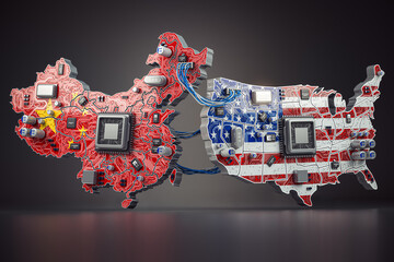 Poster - Semiconductor chip war between USA and China concept. Computer chips in from of China and USA map in colors of flags.