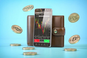 Poster - Bitcoin digital wallet. Mobile phon , crypto caurrency bitcoin  and wallet on blue background.