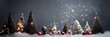 Small Christmas trees and decorations stand in the snow against a background of bokeh. Winter decoration. Shallow depth of field. Christmas banner or postcard. Generative AI