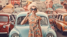 60s Retro Style Fashion Woman Wearing Clothing. Travel Collage With Retro Cars. Generative AI