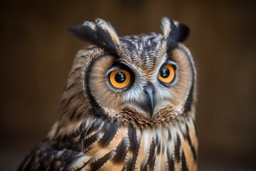 Sticker - close up of an owl with striking orange eyes. Generative AI