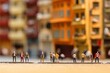 © Lazy_Bear - City life with living building facades and people walking at street, aerial view. Urban infrastructure. Model of city street in miniature, tilt shift. Created with Generative AI