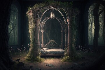 Wall Mural - Old bed in the dark forest. Halloween concept. Generative AI