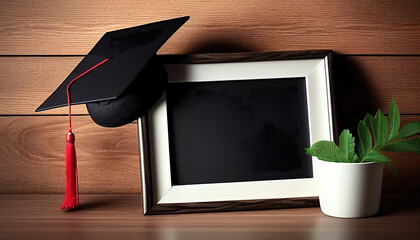 Wall Mural - Photo frame with graduation cap for celebration. Graduation cap with diploma and blank wood frame. AI Generated.