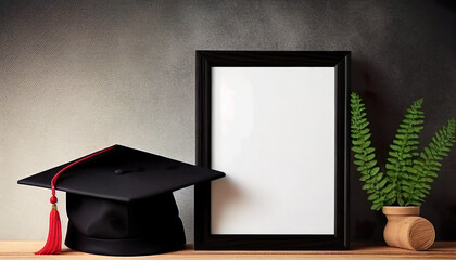 Wall Mural - Black frame with graduation cap for celebration. Graduation cap with diploma and blank wood frame. AI Generated.