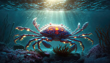 Underwater closeup picture of the mangrove ( rainbow ) crab and sunlight in the ocean coral reef (ai generated)
