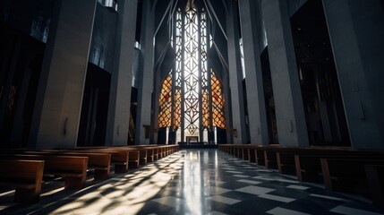 Poster -  a church with a large stained glass window in the center of the room and a checkered floor in front of the pews and a checkered floor.  generative ai