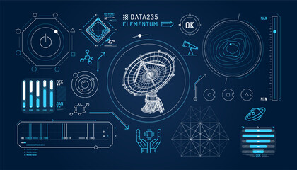 set of infographic elements about radio astronomy and space observation.