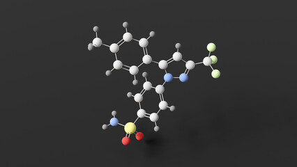  celecoxib molecule, molecular structure, cox-2 inhibitors, ball and stick 3d model, structural chemical formula with colored atoms