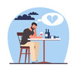 Man sits in bar drinking wine, young sad man, upset about breakup of relationship. Depression and loneliness, alcoholism disease. Alone boy drinks alcohol beverages. Cartoon flat png concept