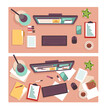 Top view of dirty and clean office workers desk. Working process, computer, stacks of documents and stationery tidy and messy. Office workspace, cartoon flat illustration. png set