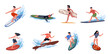 Cartoon happy surfers. Guys and girls ride boards on ocean and sea waves, beach sport people, extreme water activities, summer tropical resort leisure time, , nowaday png characters set