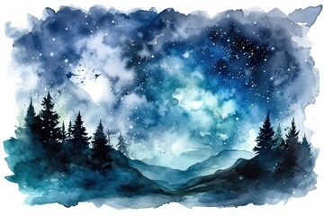 Wall Mural - serene night sky with twinkling stars and towering trees. Generative AI