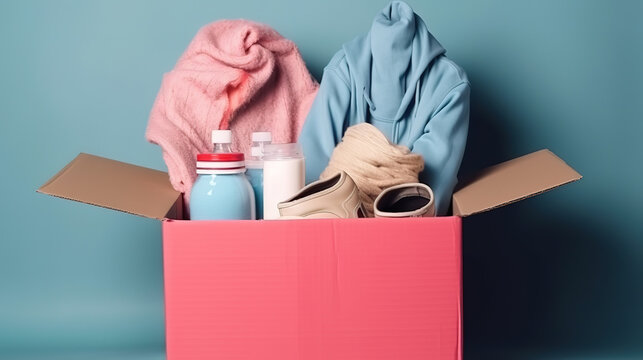 a man holding a donation box with clothes, shoes and hygiene products. generative ai