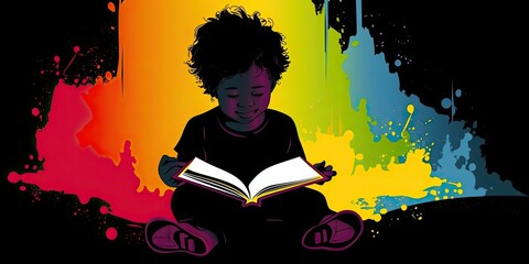 Canvas Print - colorful illustration of a child reading a book