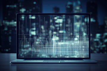 Fototapete - world map on digital laptop background, laptop screen with abstract ray bokeh blue background. Generative AI