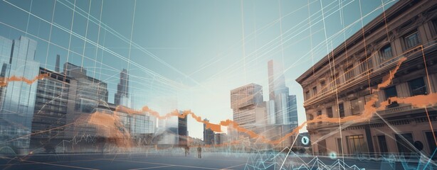 Poster - City real estate Forex candlestick graph hologram. The concept of Internet trading, brokerage, and analysis. Generative AI