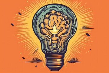 Poster - sentient light bulb with a visible brain inside. Generative AI