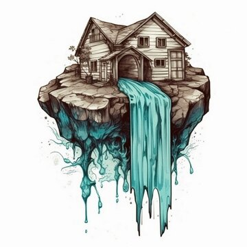 watercolor painting of a majestic skull-shaped house