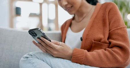 Canvas Print - Hands closeup, phone and woman on sofa for texting, social media app or email communication in living room. Girl, happy and chat on smartphone for online dating, contact and search for meme on blog