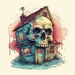watercolor painting of a large skull-shaped house